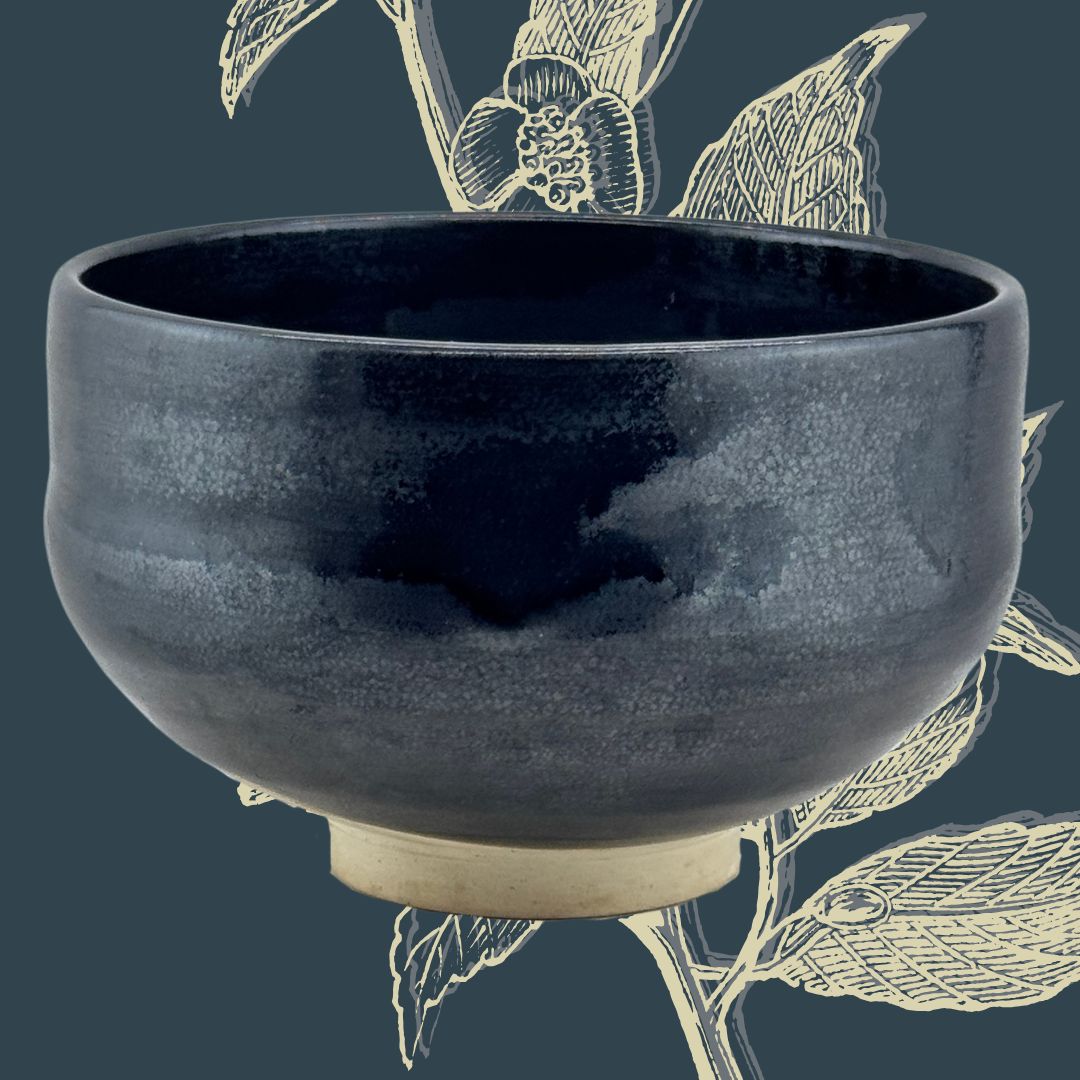 Schwarze Matcha-Schale, Tenmoku-Stil, handgefertigt, signiert Goki-Gata
