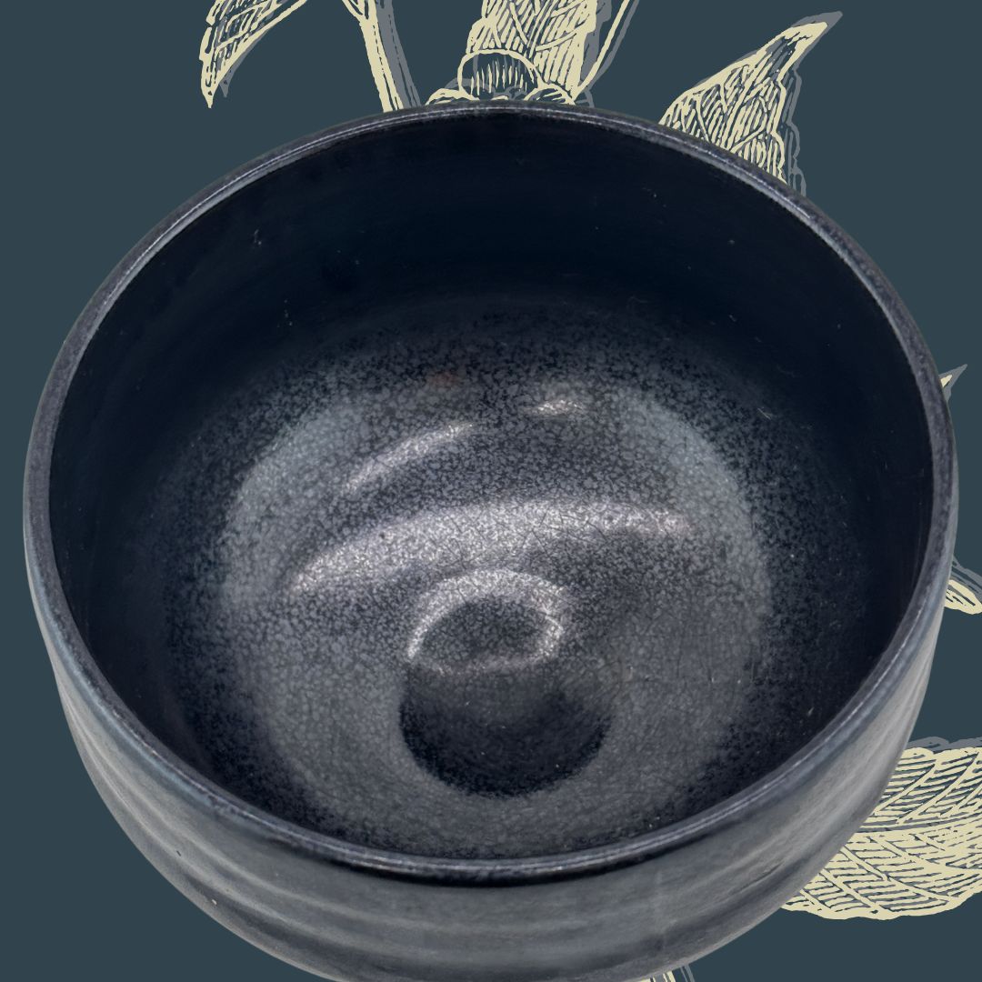 Schwarze Matcha-Schale, Tenmoku-Stil, handgefertigt, signiert Goki-Gata