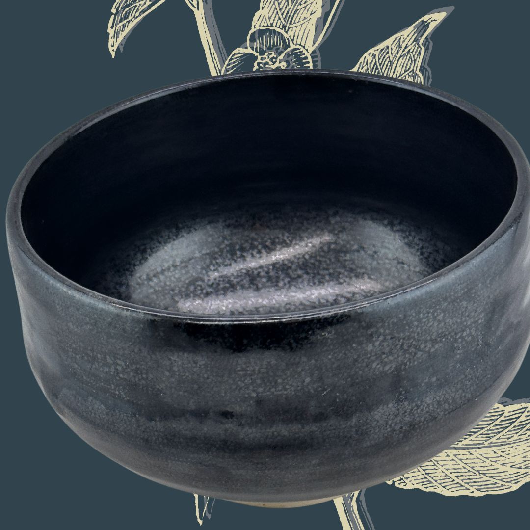Schwarze Matcha-Schale, Tenmoku-Stil, handgefertigt, signiert Goki-Gata