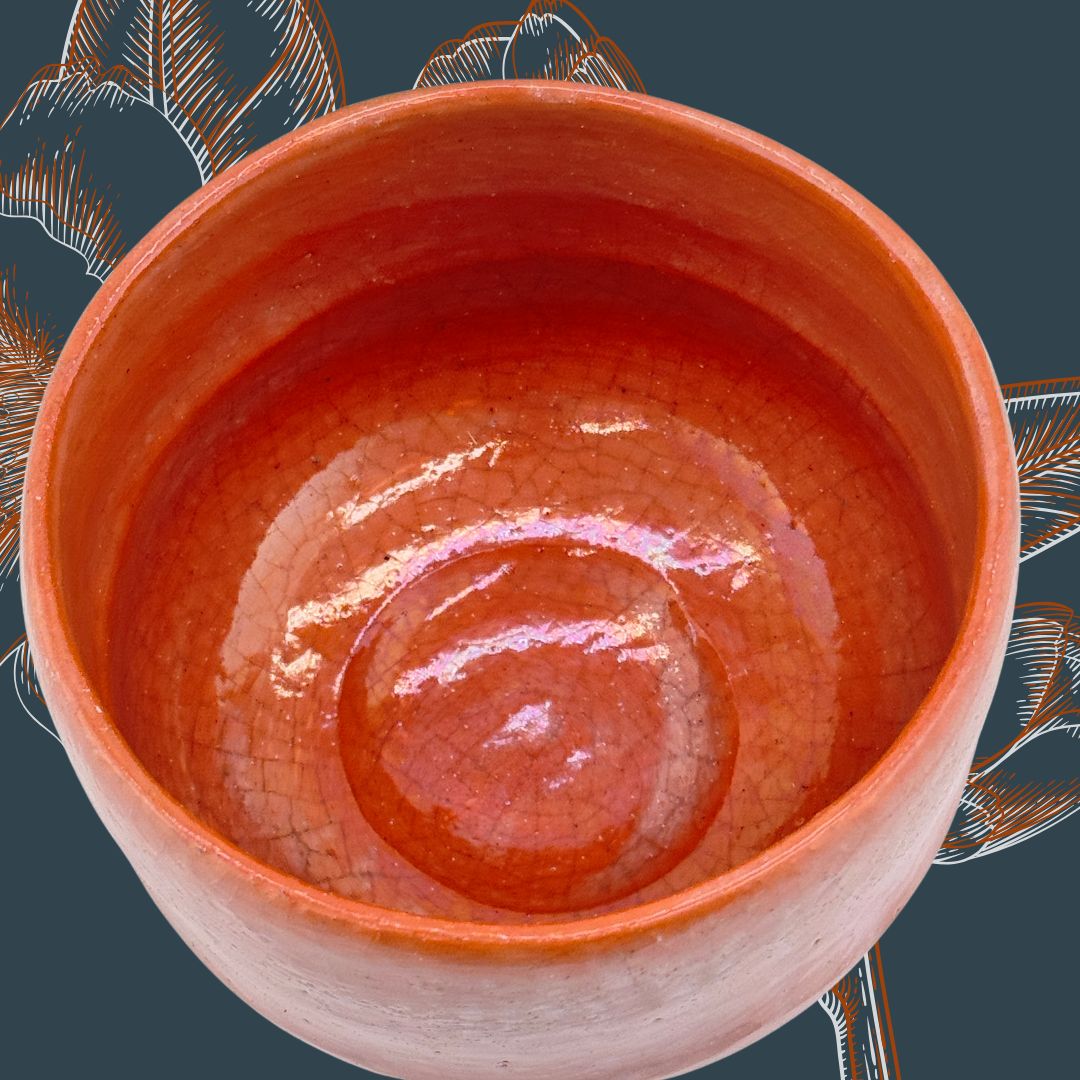 Aka-raku inspirierte Matcha-Schale – japanische 茶碗 in Orangerot & Grau